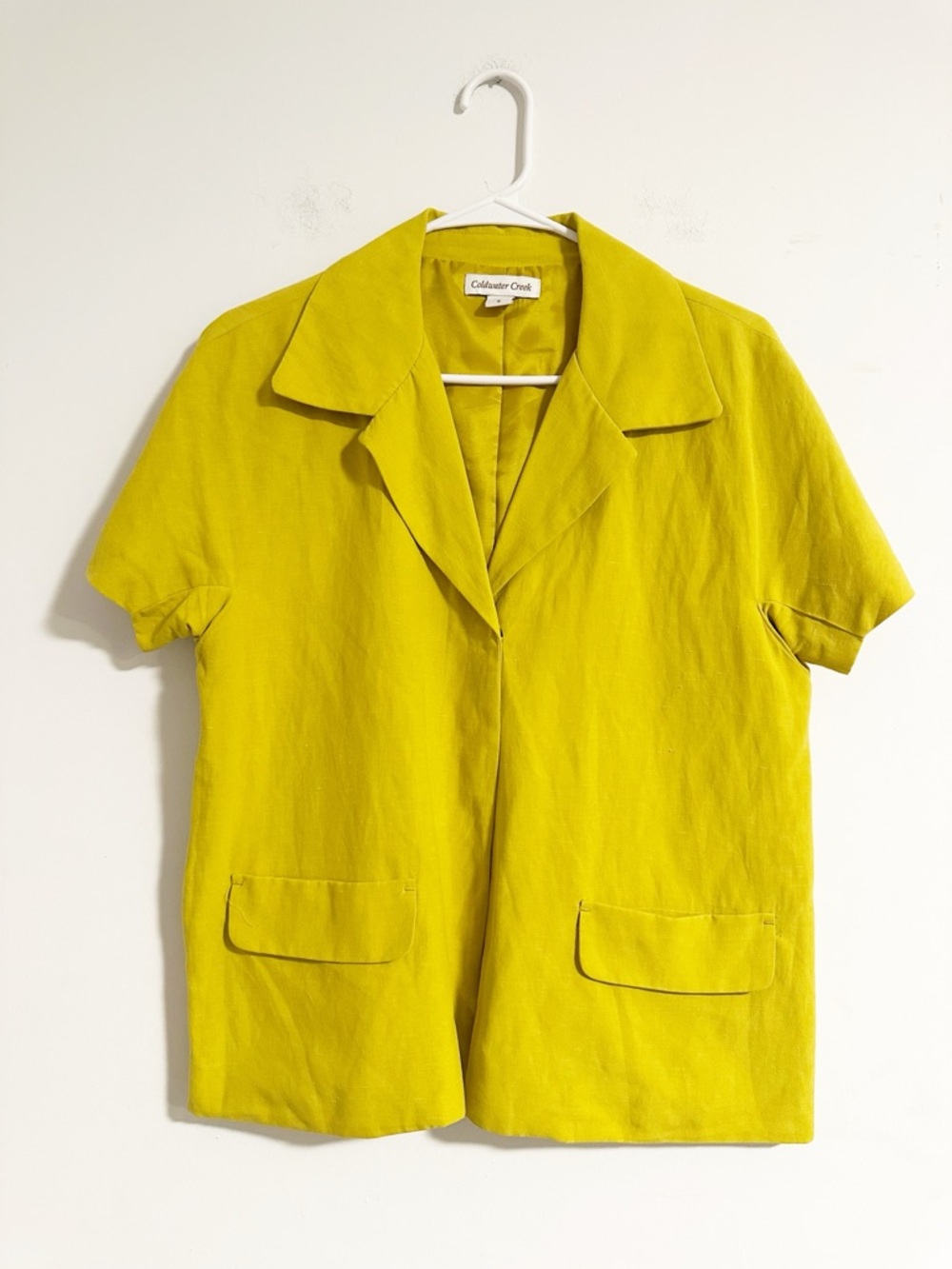 Coldwater Creek Chartreuse Yellow Silk Blend Short Sleeve Blazer Jacket Size 8
